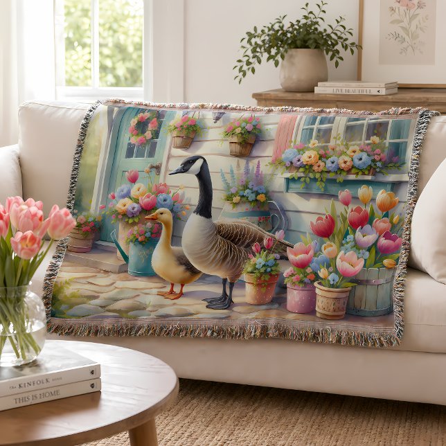 Cobertor Gansos de Jardim de Campo Ilustração de Primavera (Cottage Garden Geese Spring Illustration Throw Blanket)