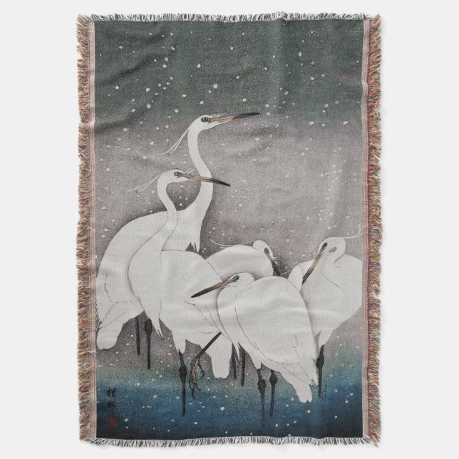 Cobertor Garças Koson na Neve: Japonês Vintage (Frente Vertical)