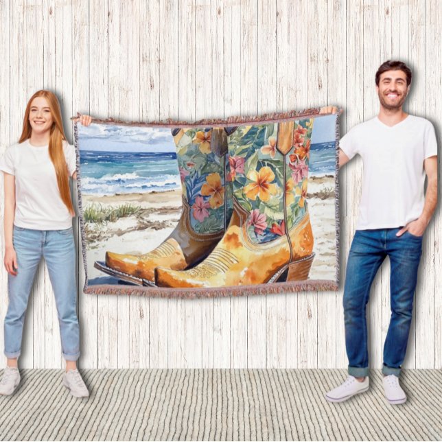 Cobertor Garota tropical ocidental encontra praia tropical (Western Fringe Throw Blanket with Tropical Hawaiian Floral Cowgirl Boots Rustic Meets Beach )