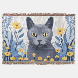 Cobertor Gato Azul Russo Flores Amarelas