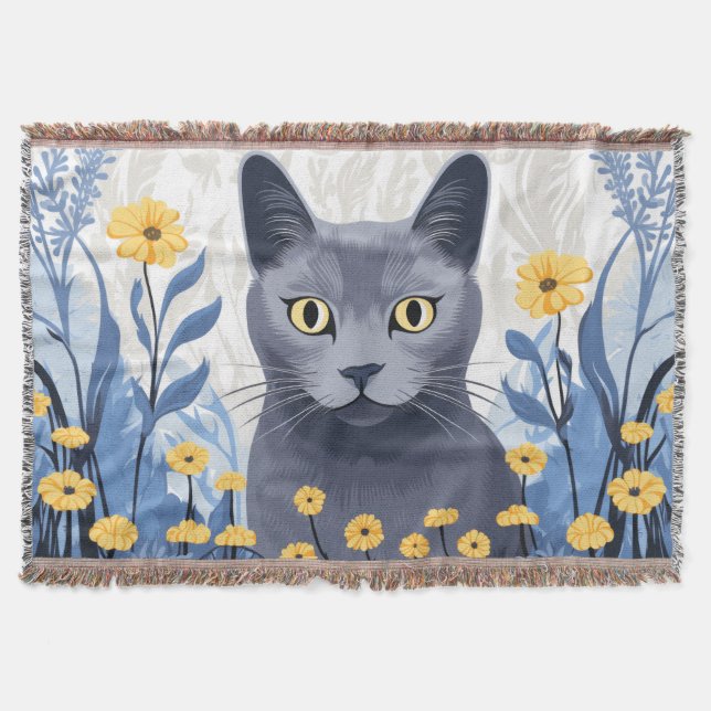 Cobertor Gato Azul Russo Flores Amarelas (Frente)