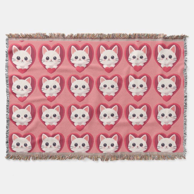 Cobertor Gato Branco Fofo com Coração Desenho de Kawaii Kit (Frente)