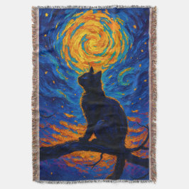 Cobertor Gato Preto ao Estilo Van Gogh Olhando para a Lua