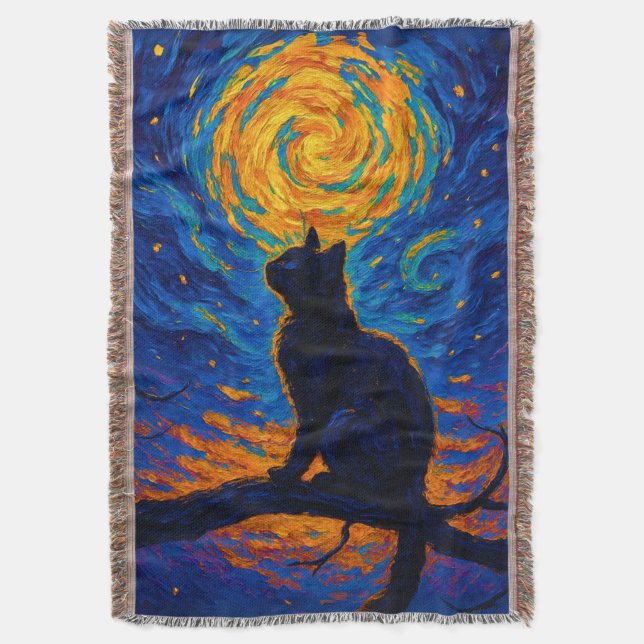 Cobertor Gato Preto ao Estilo Van Gogh Olhando para a Lua (Frente Vertical)