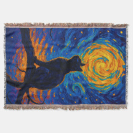 Cobertor Gato Preto ao Estilo Van Gogh Olhando para a Lua