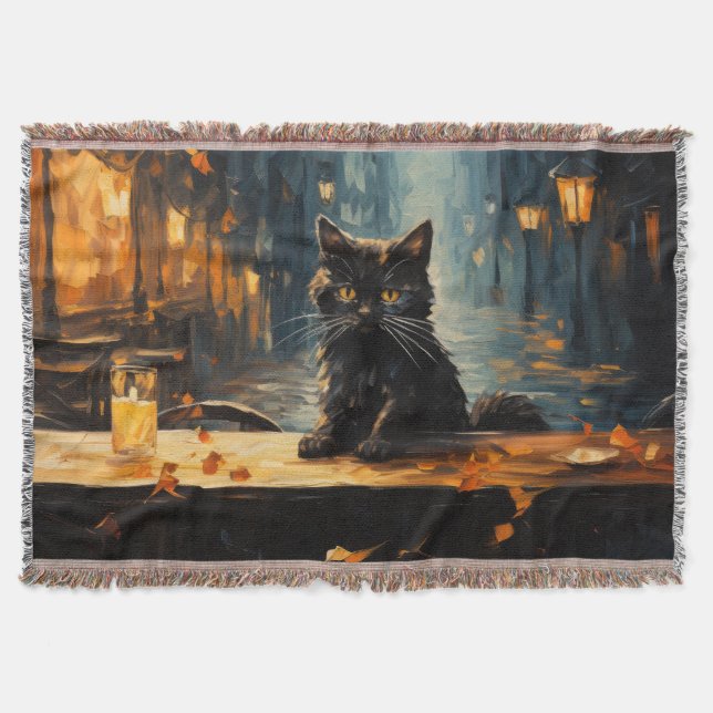 Cobertor Gato Preto e Café à Noite (Frente)