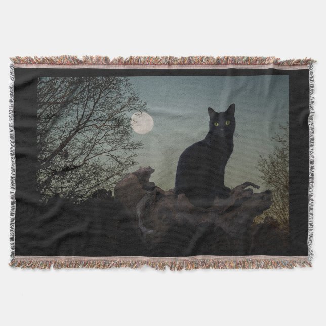 Cobertor Gato Preto em Árvore em Frente a Lua Completa (Frente)