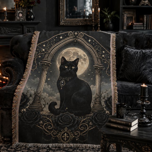 Cobertor Gato Preto Lua Cheia Gótica Romance Celestial Somb (Criador carregado)