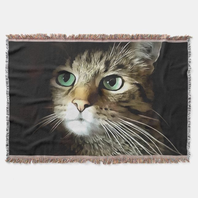 Cobertor Gato Tabby Com Olhos Verdes Isolado No Preto (Frente)
