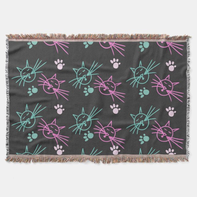 Cobertor Gatos Fofos Rabiscos Rosa Azul Pet Preto      (Frente)