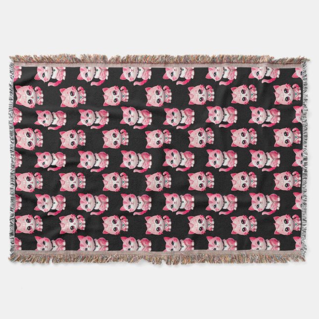 Cobertor Gatos Pink Kitty Design Preto (Frente)