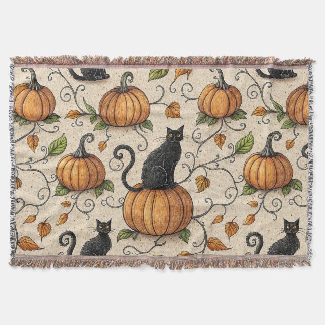 Cobertor Gatos Pretos e Abóboras Padrão de Halloween (Frente)