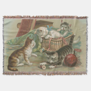 Cobertor Gatos Vitorianos Antigos Brincando na Cesta de Cos