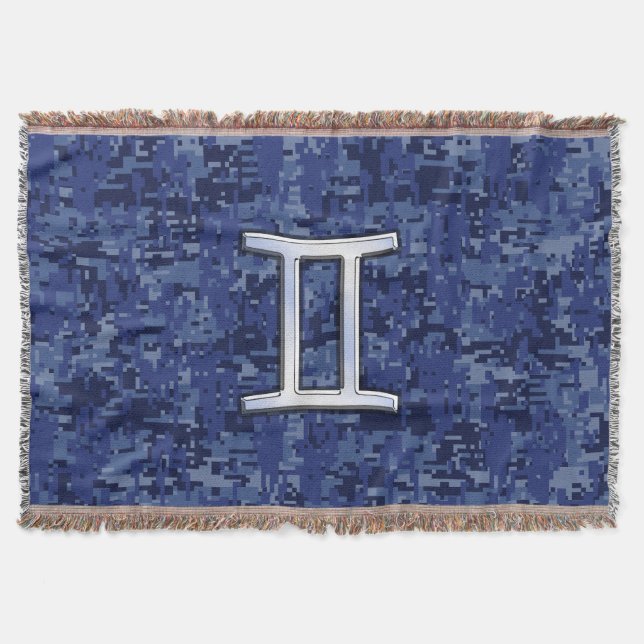 Cobertor Gemini Zodiac - Sinal no Camo Digital Azul do Mari (Frente)