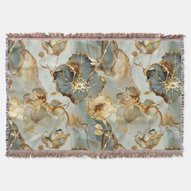 Cobertor Golden Blues Grays Ink Floral Watercolor (Frente)