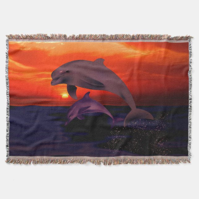 Cobertor Golfinhos Salpicantes Marítimos Laranja Sunset (Frente)