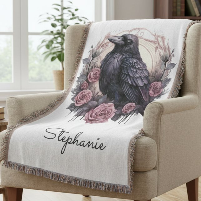 Cobertor Gótico Corvo Academia Sombria Rosa Floral (Gothic Black Raven throw blanket)