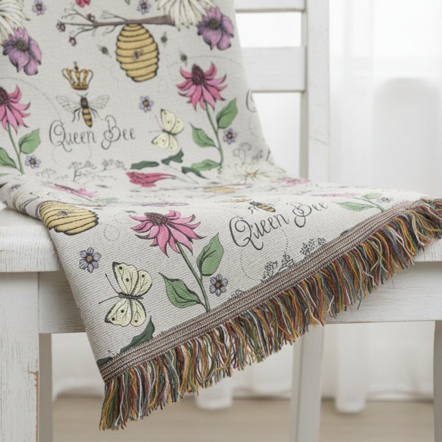 Cobertor Greige Moderno Florais e Rainha Abelha do Dia das  (Elegant Nature Hand Drawn Botanical Bee Blankets. Pretty Queen Bee Wildflower Floral Pattern)