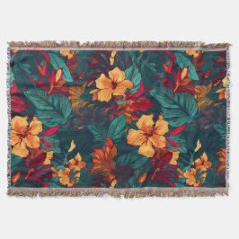 Cobertor Hibisco Colorido, Floral Verde Amarelo Laranja