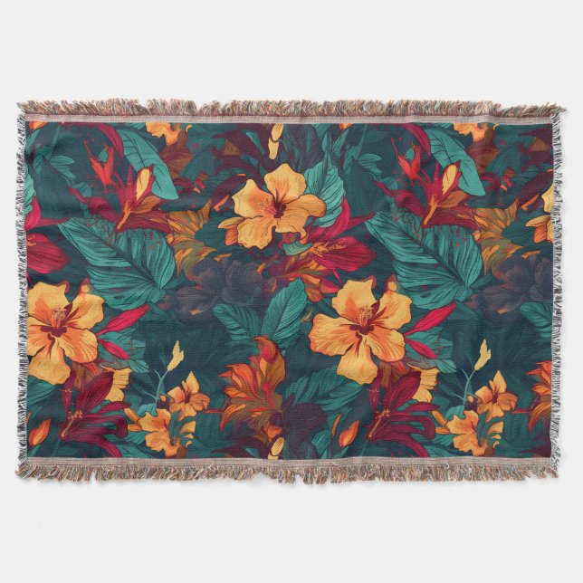 Cobertor Hibisco Colorido, Floral Verde Amarelo Laranja (Frente)