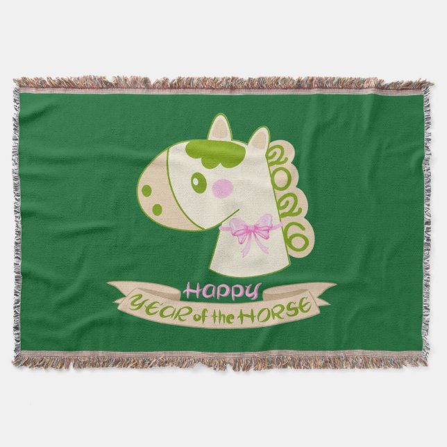 Cobertor Horse Chinese New Year 2026 Cute Lucky Green  (Frente)
