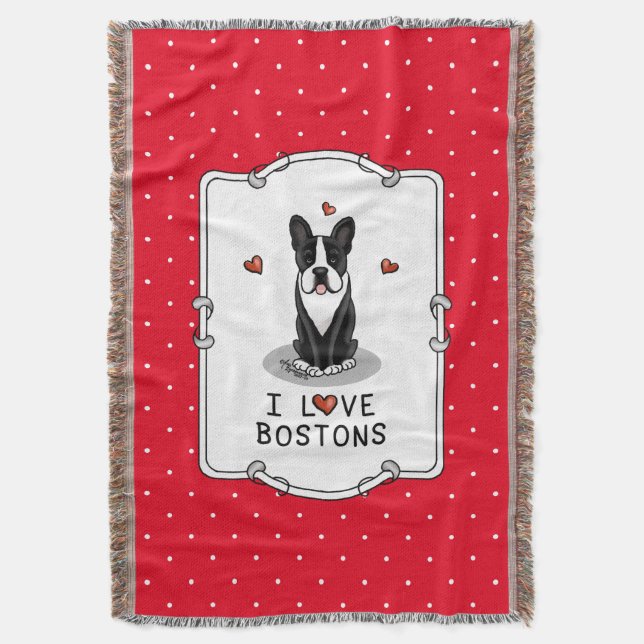 Cobertor I Love Bostons Boston Terriers (preto e branco) (Frente Vertical)