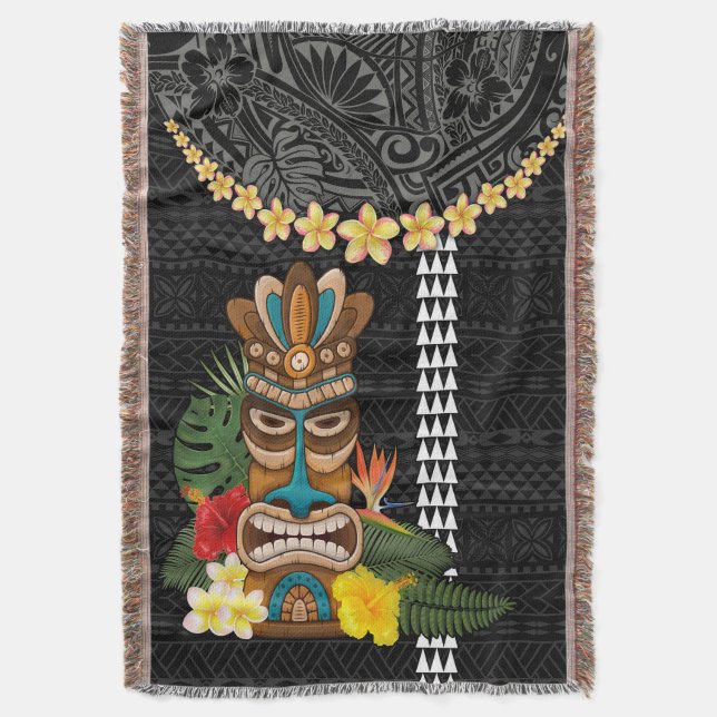 Cobertor Ilha Hawaii Plumeria Lei Blanket Tiki e Kakau (Frente Vertical)