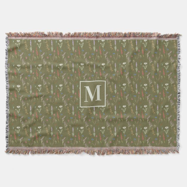 Cobertor Jardim de Flores Silvestres em Aquarela Verde Flor (Frente)