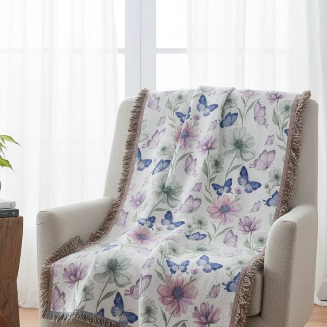 Cobertor Jardim de Mindfulness Borboleta Roxa Serena (Butterfly floral throw blanket)