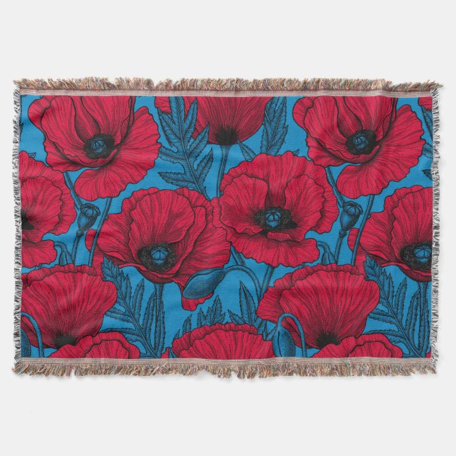 Cobertor Jardim de papoila vermelho em azul (Frente)