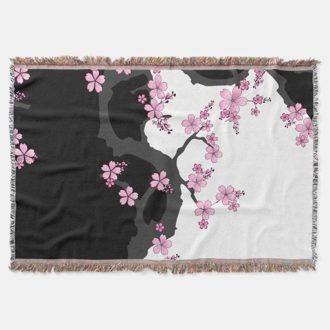 Cobertor Kimono Black e White Pink Sakura (Frente)