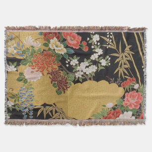 Cobertor Kimono Floral Japonês Tradicional Preto e Dourado