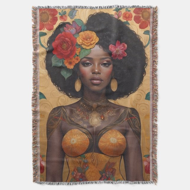 Cobertor Linda Mulher Afro-Americana Com Flores (Frente Vertical)