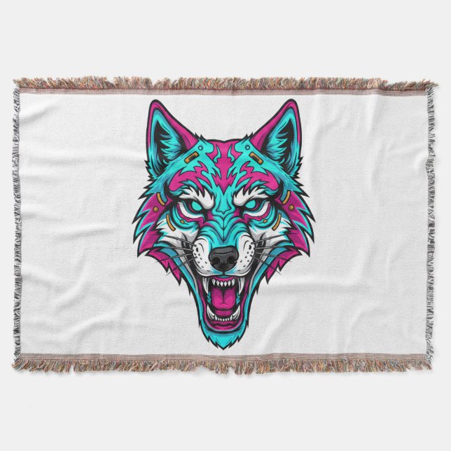 Cobertor Lobo Neon Cyberpunk - Animal Robótico Synthwave (Frente)