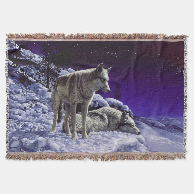 Cobertor Lobos cinzas na neve de inverno à noite (Frente)