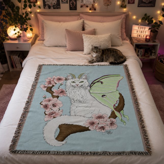 Cobertor Luna Moth Lua Gato Branco Verde (Criador carregado)