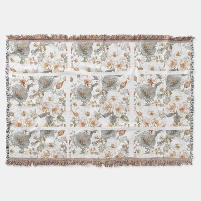 Cobertor Luxo, Elegante, Padrão de Flores Cinza Dourado (Frente)