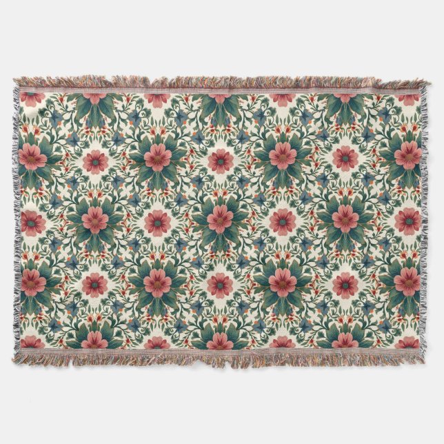 Cobertor Magia Floral Boho - em Tons de Verde e Rosa (Frente)