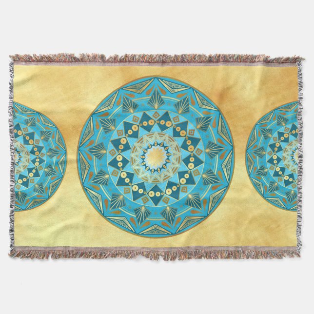 Cobertor Mandala azul dourado em Fundo de Ouro Macio (Frente)