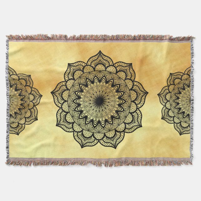 Cobertor Mandala Preto em Fundo Dourado Suave (Frente)