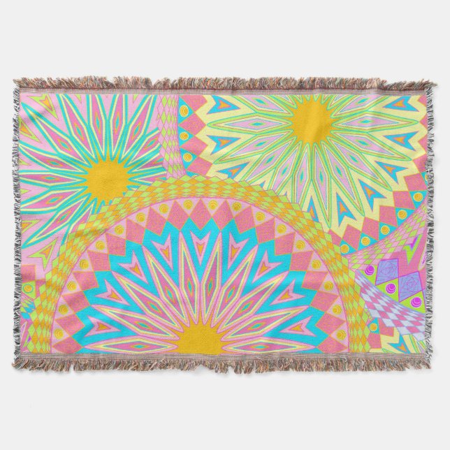Cobertor Mandala Sobreposta Rosa Azul Amarelo Verde-Menta R (Frente)