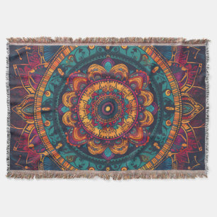 Cobertor Mandala Teal e Ócre com Detalhes Carmesim