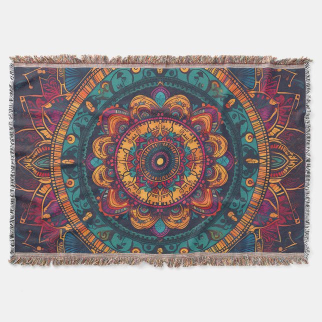Cobertor Mandala Teal e Ócre com Detalhes Carmesim (Frente)