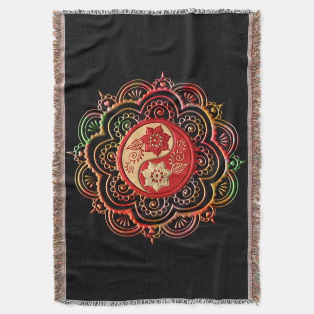 Cobertor Mandala Vermelho e Dourado (Frente Vertical)