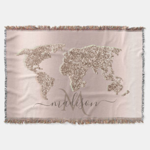 Cobertor Mapa Mundial de Viagem Brilhante Rosa Dourado Mono