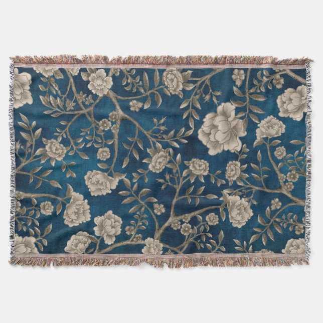 Cobertor Marinho Vintage Blue Sepia Chinoiserie Greenery (Frente)