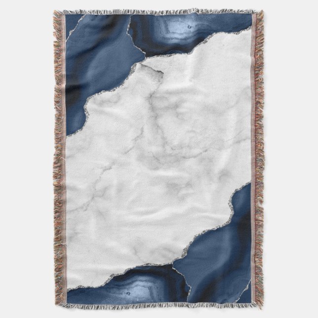 Cobertor Mármore Branco Ágata Azul-Marinho Prata (Frente Vertical)