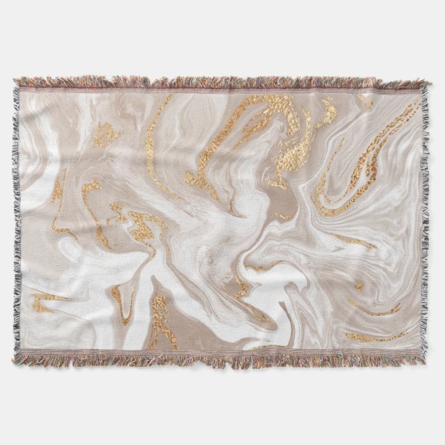Cobertor Mármore líquido bege, arte da linha de ouro. (Frente)