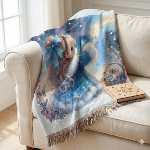 Cobertor Menina Sonhadora Observadora de Estrelas Aquarela