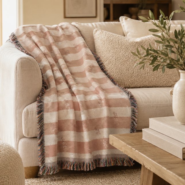 Cobertor Minimalista Monograma Listrada Neutra e Suave (Minimalist Striped Monogram Throw Blanket)